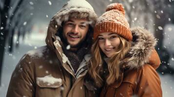 AI generative. Portrait of a young couple in winter clothing photo