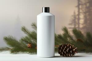 AI generative. Cosmetic bottle with fir branches on white wooden table, closeup photo