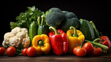 AI generative. Composition with variety of raw vegetables on wooden table. Balanced diet photo