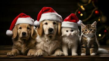 AI generative. Group of dogs and cat in Santa Claus hats on wooden background. photo