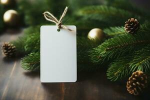 AI generative. Blank price tag on Christmas tree background with bokeh lights photo
