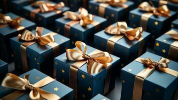 AI generative. Gift boxes with ribbons and bows, close-up photo