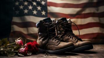 AI generative. Pair of leather boots on a wooden table against the background of the American flag photo