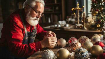 AI generative. Elderly man decorating Christmas ornaments at home. photo