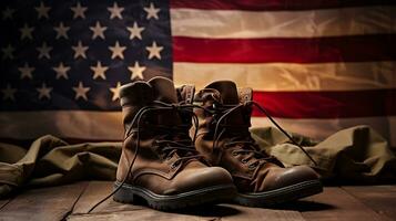 AI generative. Pair of leather boots on a wooden table against the background of the American flag photo