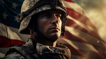 AI generative. Portrait of soldier against of american flag photo