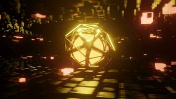 3D animation of the world of future technology and energy. Blurry circle of orange light It is covered with a steel frame that moves around. There were many black metal squares surrounding. video