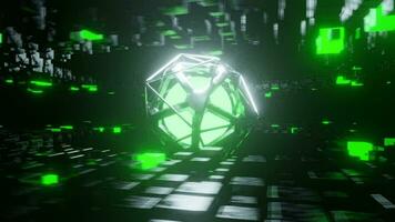 3D animation of the world of future technology and energy. Blurry circle of green light It is covered with a steel frame that moves around. There were many black metal squares surrounding. video