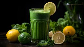 ai generativo. sano verde zalamero con col rizada, kiwi, manzana y brócoli en de madera antecedentes foto