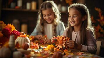 AI Generative. Cute little girls are sitting at the table with autumn decoration and smiling photo