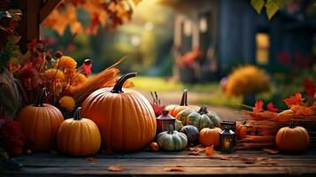 AI Generative. Thanksgiving background with pumpkins and autumn leaves on wooden planks photo