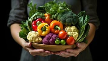 AI generative. Fresh vegetables in woman hands on black background. Healthy food concept. photo