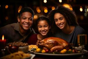 ai generativo. contento familia con asado Turquía en acción de gracias mesa foto