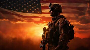 ai generativo. soldado con asalto rifle en el antecedentes de el americano bandera. foto