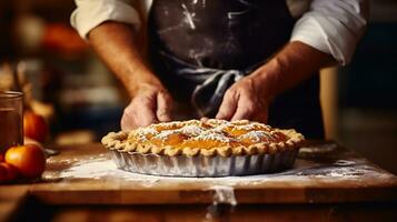 AI Generative. Closeup of a man's hands kneading a pie in the kitchen photo