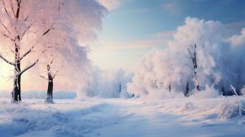 AI generative. Beautiful winter landscape with snow covered trees photo