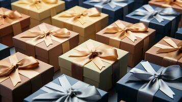 AI generative. Gift boxes with ribbons and bows, close-up photo