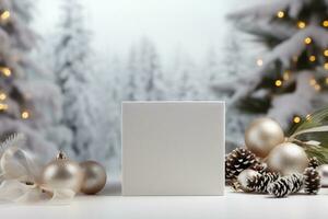 ai generativo. blanco saludo tarjeta con Navidad decoraciones en blanco mesa en contra borroso antecedentes foto