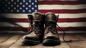 AI generative. Pair of leather boots on a wooden table against the background of the American flag photo