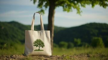 AI generative. Eco friendly shopping bags on nature background. Zero waste concept. photo