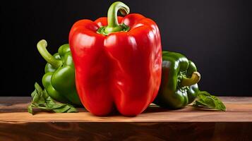 AI generative. Red, orange and yellow bell peppers with green leaves on wooden background photo