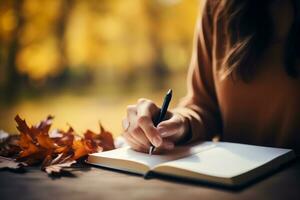 AI Generative. Young woman writing in a notebook in the autumn park. Autumn concept. photo