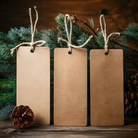 AI generative. Blank paper price tag with christmas decoration on rustic wooden background photo