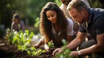 AI generative. Group of people planting seedlings in the garden on a sunny day photo