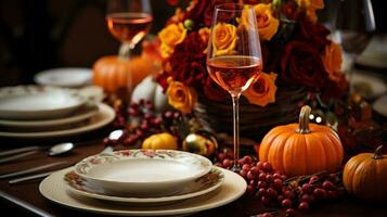 AI Generative. Festive table setting with pumpkins, candles, wine glasses and autumn decor photo