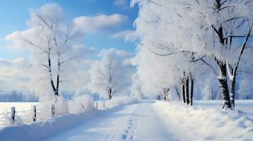 AI generative. Beautiful winter landscape with snow covered trees photo