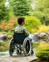 Little boy in a wheelchair seated with his back facing a view. Generative AI photo