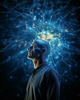 A conceptual visualization surrounding a pondering man. Neural wonder. Deep insight. A backdrop of glowing brain neurons and thought waves.. Generative AI photo