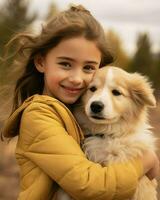 pequeño niña abrazando su perro y sonriente en un campo. generativo ai foto