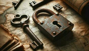An old rusted lock and a key on a vintage map, symbolizing the key to one heart.. Generative AI photo