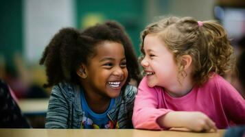 African American and Caucasian little girls having fun in the classroom. Generative AI photo