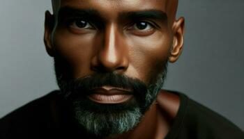 Close-up photo of a middle-aged man with dark skin, a bald head and a neatly trimmed beard. Generative AI