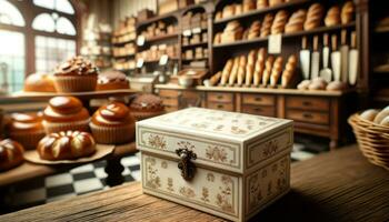 Close-up photo of a single elegant bakery box, its vintage cream surface adorned with delicate patterns, set against a backdrop of a vintage bakery. Generative AI