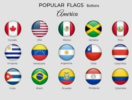 Buttons flags of American countries. America flag icon set. 3d round design. Official coloring. Vector isolated