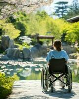 Little boy in a wheelchair seated with his back facing a view. Generative AI photo