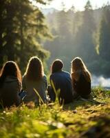 Friends gathered beneath a towering tree, embracing nature's tranquility in the heart of the woods.. Generative AI photo