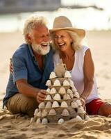 An elderly couple is building a sand castle on the beach. Generative AI photo