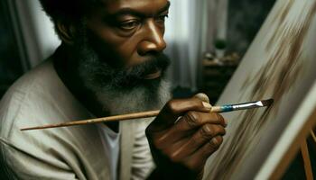 Close-up photo of a middle-aged African man meticulously painting a canvas, his brush delicately touching the surface. Generative AI