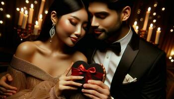 Close-up photo of a woman with Asian descent and a man with Hispanic descent, both wearing elegant attire. They are holding a heart-shaped chocolate box. Generative AI