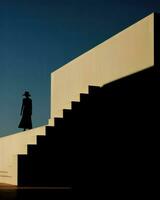 un agraciado descendencia, oscuridad caricia su cifra, como ella se desliza abajo el escalera, enmarcado por un minimalista pared. generativo ai foto