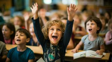 un pequeño chico en clase con su manos elevado en el aire. generativo ai foto