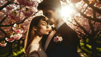 A couple dancing on a path lined with blossoming cherry trees.. Generative AI photo