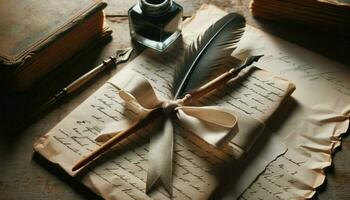 Vintage handwritten letters tied with a ribbon, placed next to an old quill and ink pot.. Generative AI photo