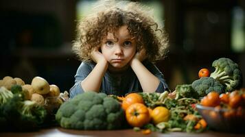 un curioso niña rodeado por Fresco vegetales. generativo ai foto