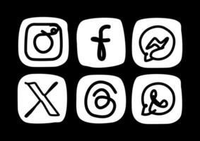 Social media app handmade illustration with line drawing. Social media app icon set on black background. vector