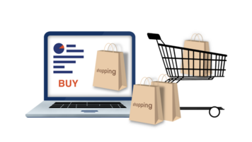 Online shopping concept with miniature shopping cart standing in front of laptop, online shopping, Marketplace platform website, technology, ecommerce, shipping delivery, online payment png